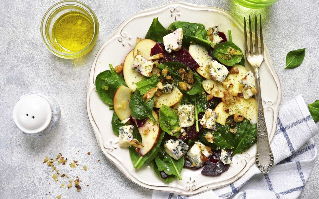 Red Acre Salad with Apple, Gorgonzola, and Pumpernickel Croutons